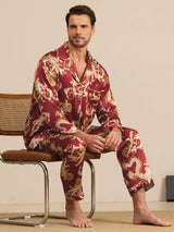 [Wijnrode Draak] SilkSilky-NL Long Sleeve Notch Collar Heren Pyjama Set 005