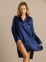 [Donkerblauw] SilkSilky-NL Lange Mouw Notchkraag Slaap Hemd 003