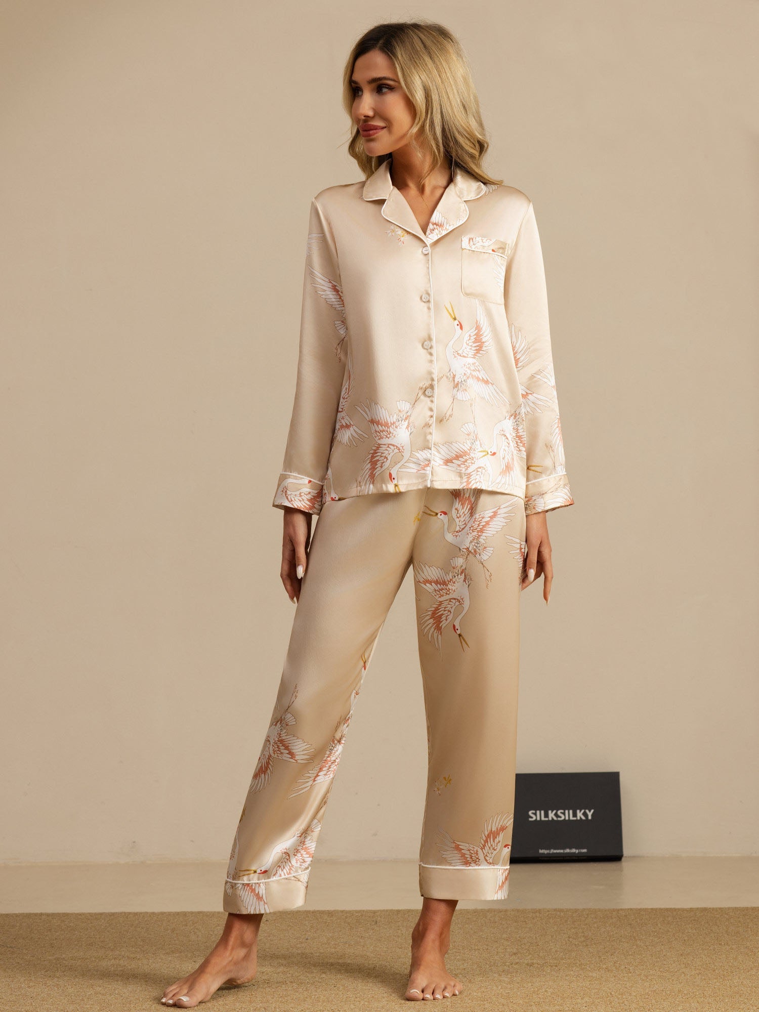 [Champagne] SilkSilky-NL 19Momme Lange Mouw Notchkraag Dames Pyjama Set 001