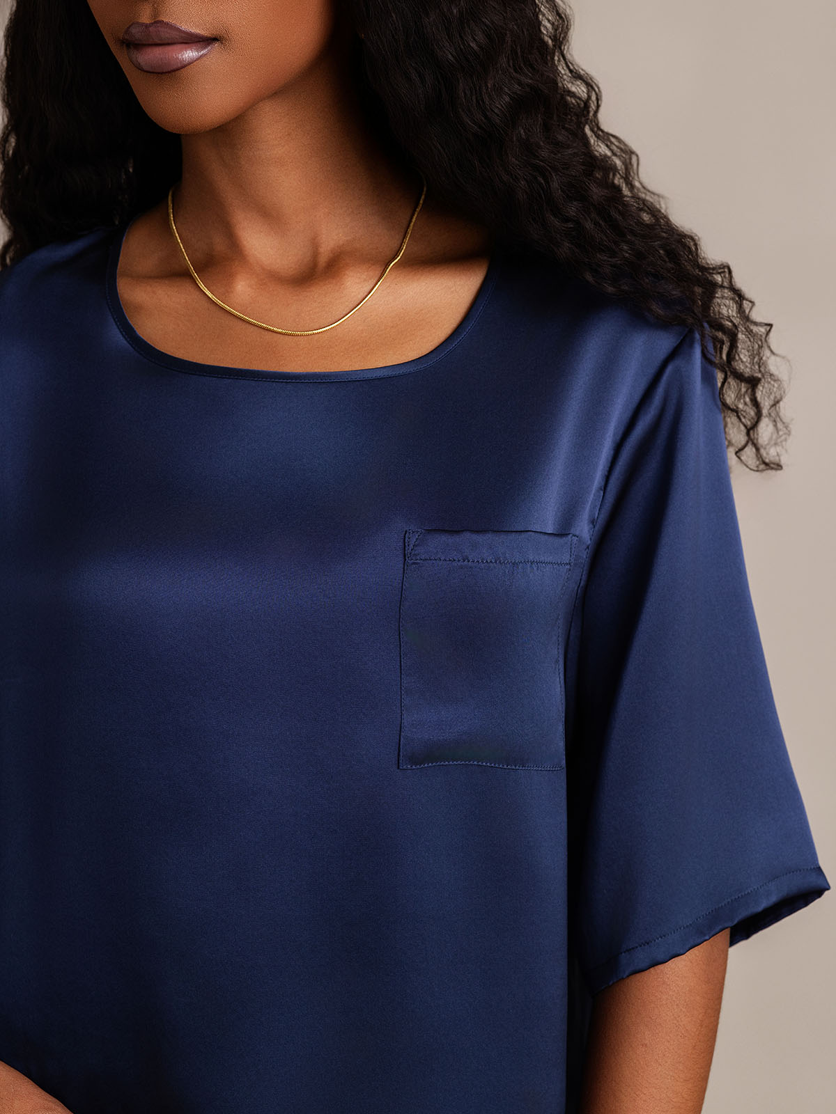 [Donkerblauw] SilkSilky-NL Halve Mouw Ronde Hals Dames Pyjama Set 008