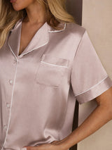 [Schaduwgrijs] SilkSilky-NL Short Sleeve Lapel Collar Dames Pyjama Set 004