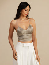 [Khaki] SilkSilky-NL Spaghetti Strap V Neck Cami-Top 007