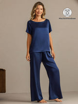 [Donkerblauw] SilkSilky-NL 19Momme Korte Mouw Dames Pyjama Set 001