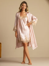 [Roze] SilkSilky-NL 3/4 Sleeve V Neck Nachthemd&Kamerjas Set 003