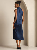 [Donkerblauw] SilkSilky-NL Sleeveless Tie Neck Jurk 002