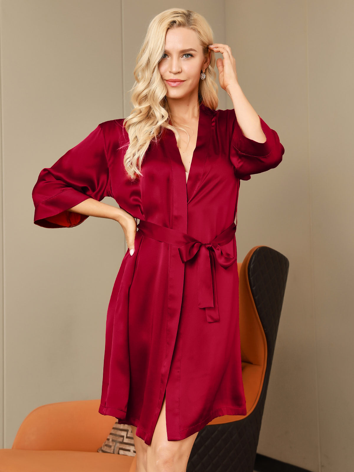 [Wijn] SilkSilky-NL Pure Silk Halve Mouw Womens Robe 005