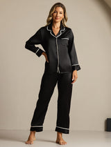 [Zwart] SilkSilky-NL Lange Mouw Notchkraag Dames Pyjama Set 001