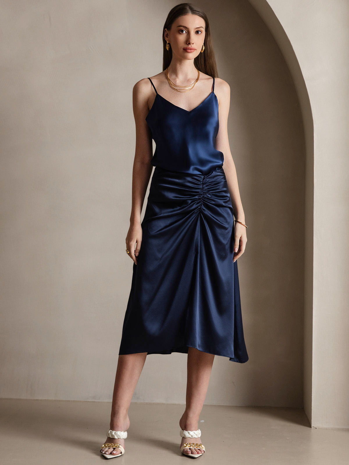[Donkerblauw] SilkSilky-NL V-Hals Cami-Top 006