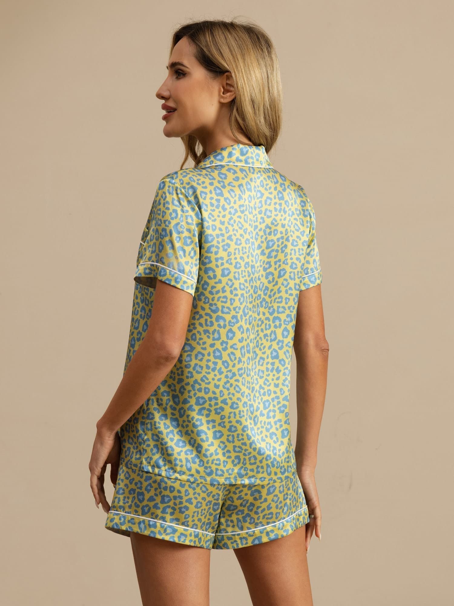 [Groene Luipaard] SilkSilky-NL 19Momme Korte Mouw Notchkraag Dames Pyjama Set 002