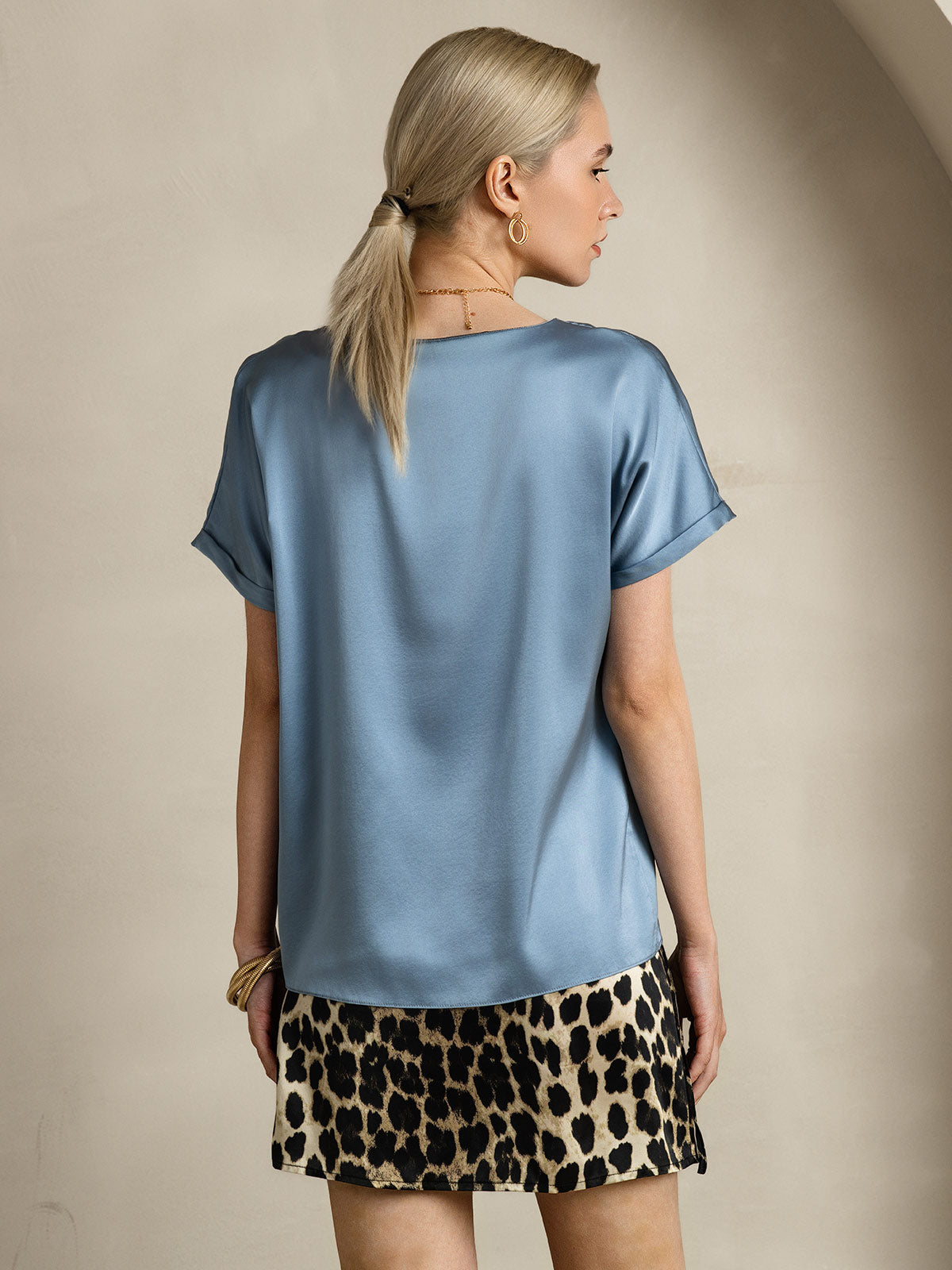 [Grijsachtig Blauw] SilkSilky-NL 19Momme Zijde Ronde Hals Dames T-Shirt 002