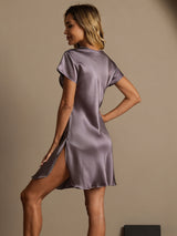 [Paars Grijs] SilkSilky-NL Short Sleeve Split Nachthemd 002