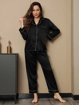 [Zwart] SilkSilky-NL Lange Mouw Notchkraag Dames Pyjama Set 003