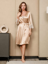[Champagne] SilkSilky-NL 3/4 Sleeve V Neck Nachthemd&Kamerjas Set 008