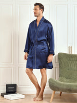 [Donkerblauw] SilkSilky-NL Pure Silk 3/4 Mouw Mens Robe 003