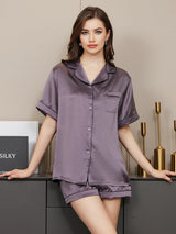 [Paars Grijs] SilkSilky-NL Short Sleeve Lapel Collar Dames Pyjama Set 003