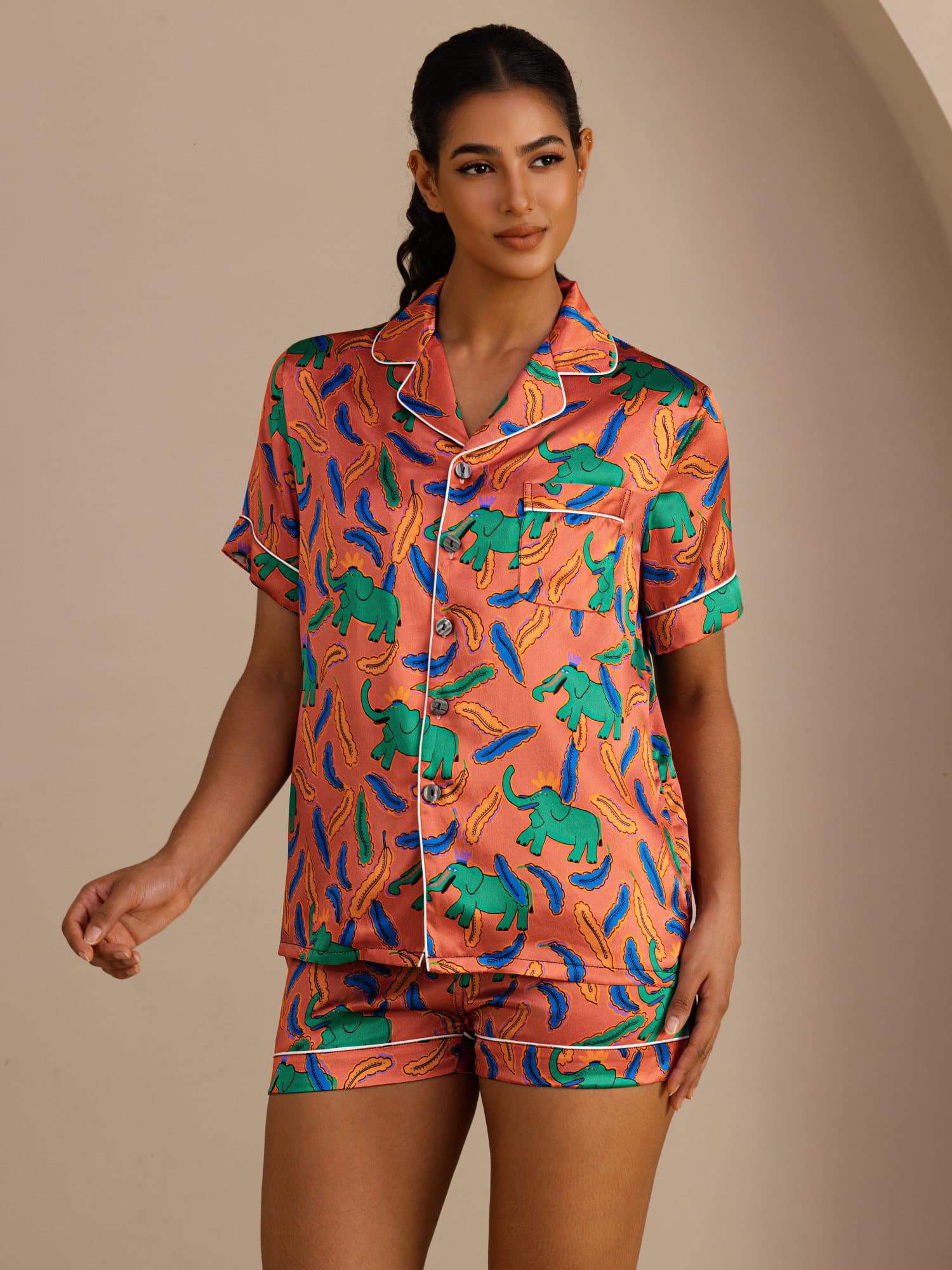 [Kleiolifant] SilkSilky-NL Short Sleeve Lapel Collar Dames Pyjama Set 001