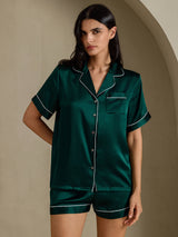 [Donkergroen] SilkSilky-NL Short Sleeve Lapel Collar Dames Pyjama Set 006