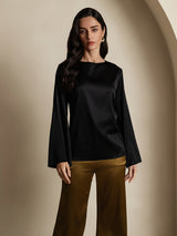 [Zwart] SilkSilky-NL Long Sleeve Boat Neck Blouse 003