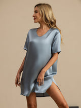 [Grijsachtig Blauw] SilkSilky-NL Halve Mouw V Hals Nachthemd 005
