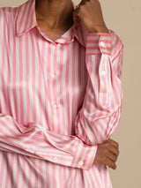 [Roze Streep] SilkSilky-NL Long Sleeve Lapel Collar Dames Blouse 010