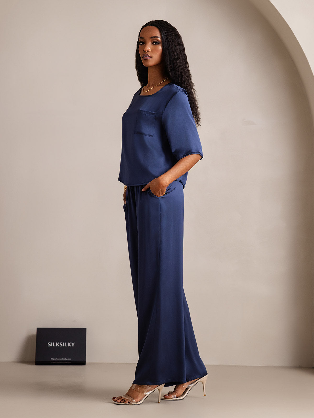 [Donkerblauw] SilkSilky-NL Halve Mouw Ronde Hals Dames Pyjama Set 004