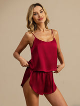 [Wijn] SilkSilky-NL Spaghetti Bandjes Diepe Ronde Hals Cami-Set 004