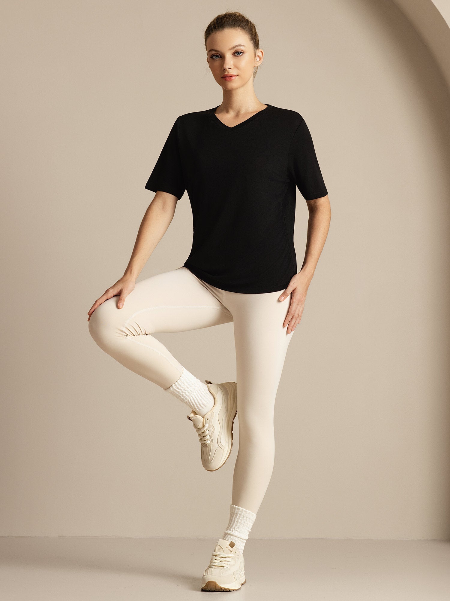 [Zwart] SilkSilky-NL Korte Mouw V Hals Dames T-Shirt 007