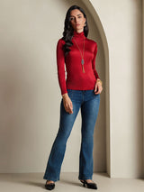 [Wijn] SilkSilky-NL Lange Mouw Coltrui Hals Dames T-Shirt 008
