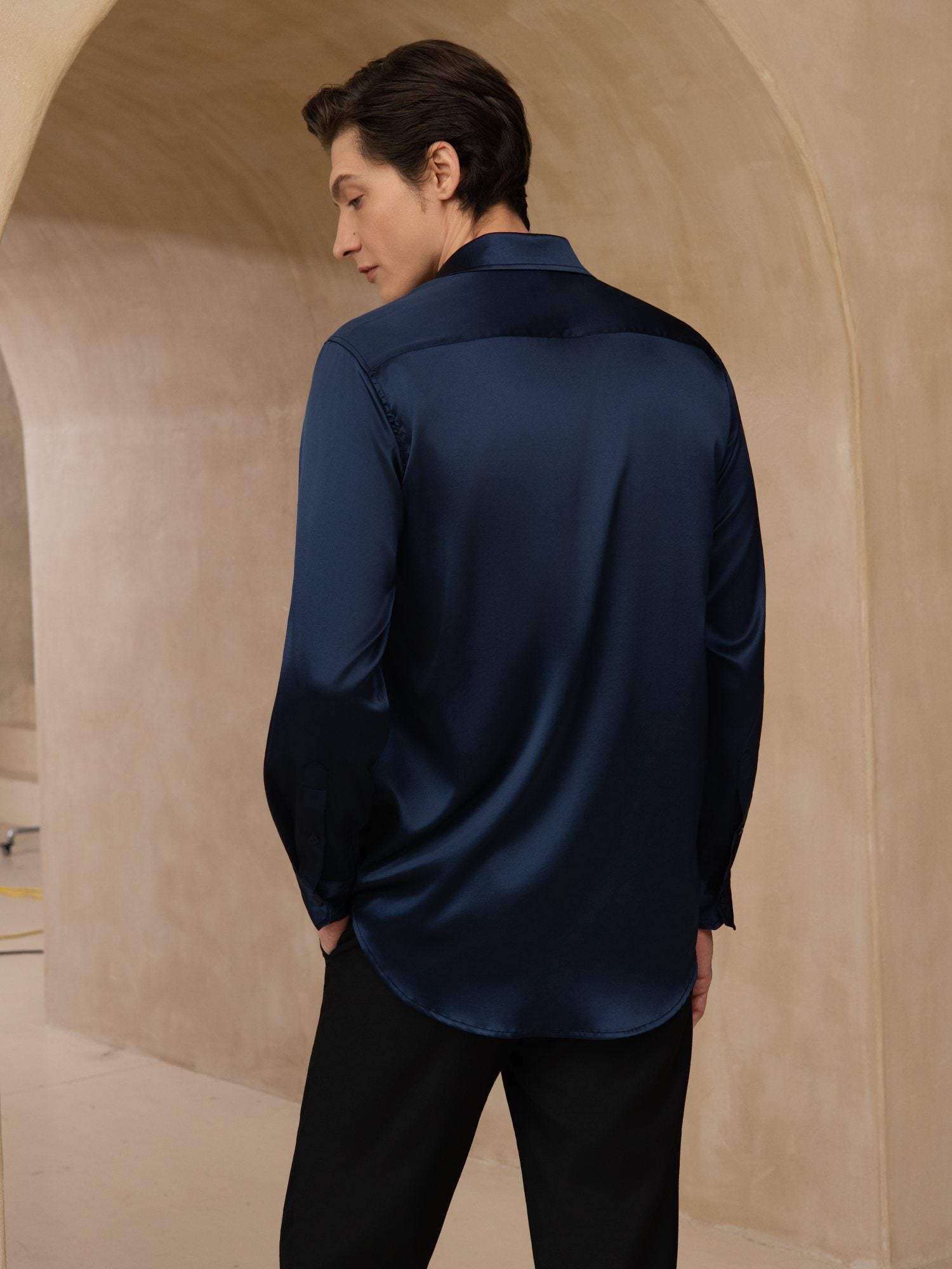 [Donkerblauw] SilkSilky-NL 19Momme Lange Mouw Reverskraag Heren Shirt 002
