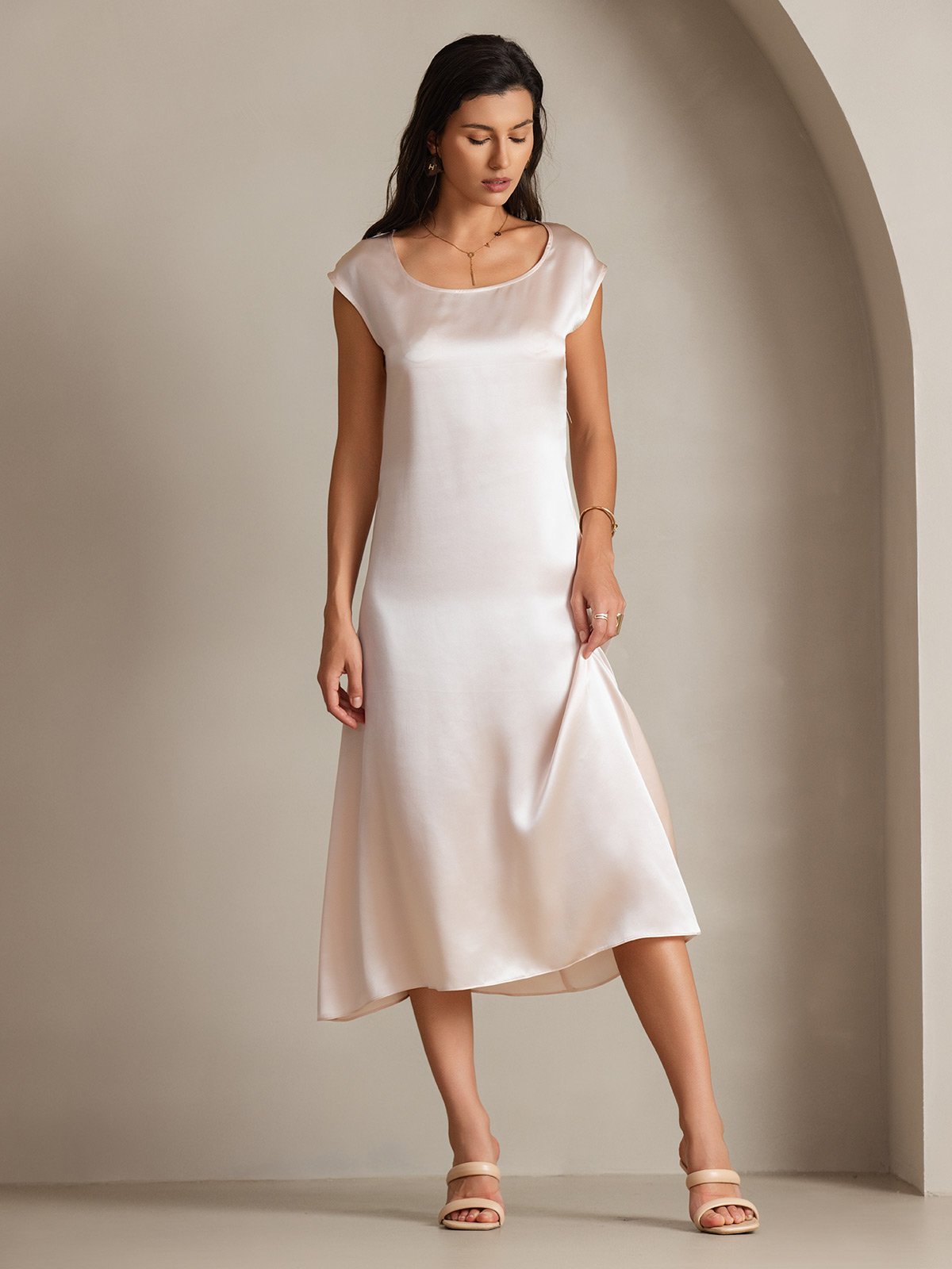 [Roze] SilkSilky-NL 19Momme Zijde Ronde Hals Jurk 002