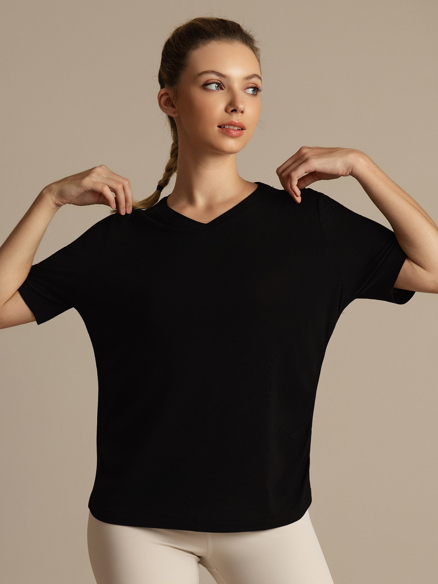 [Zwart] SilkSilky-NL Korte Mouw V Hals Dames T-Shirt 004