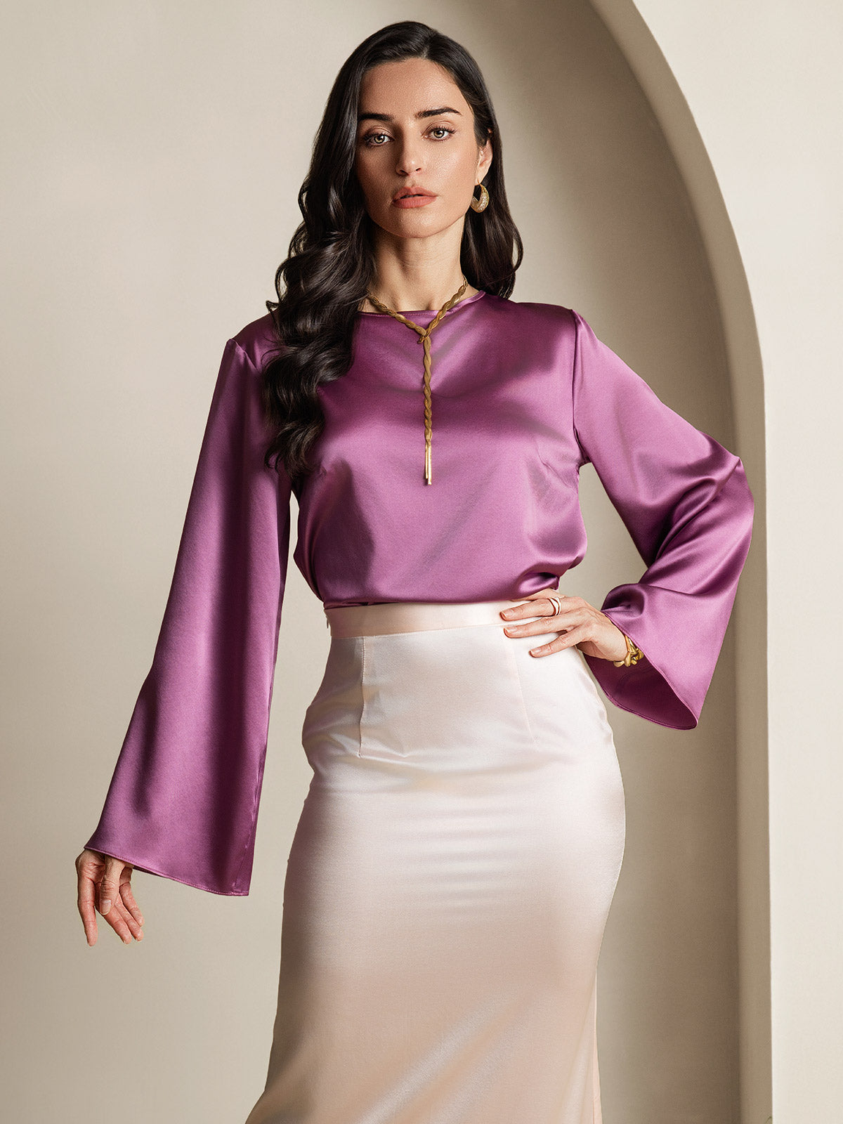 [Donkerpaars] SilkSilky-NL 19Momme Lange Mouw Boat Hals Blouse 001