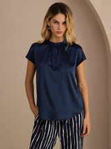 [Donkerblauw] SilkSilky-NL Short Sleeve Split Blouse 003
