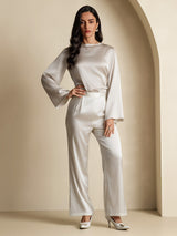 [Lichtgrijs] SilkSilky-NL Long Sleeve Boat Neck Blouse 007
