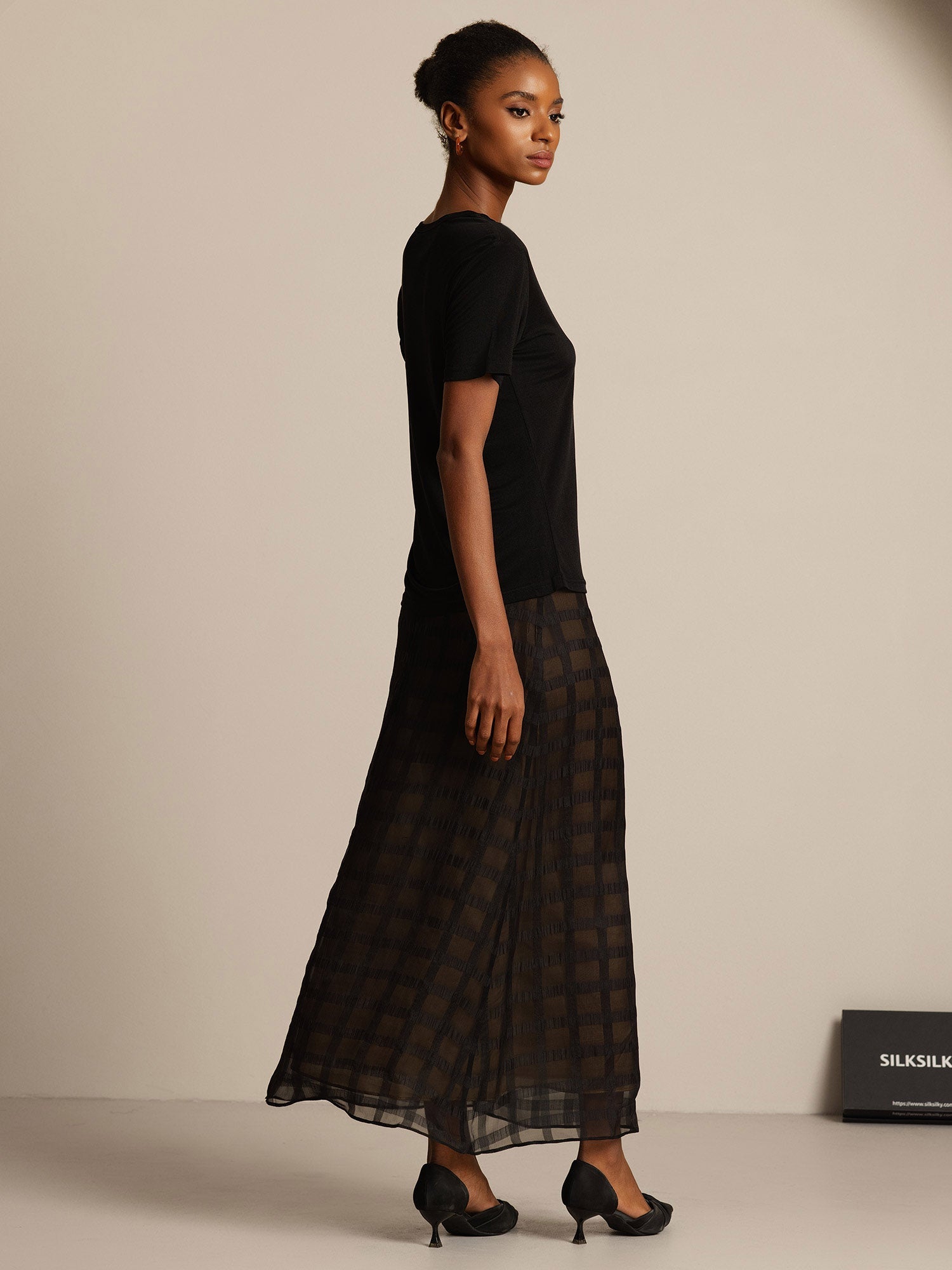 [Zwart] SilkSilky-NL Zijde Gebreid Ronde Hals Dames T-Shirt 005