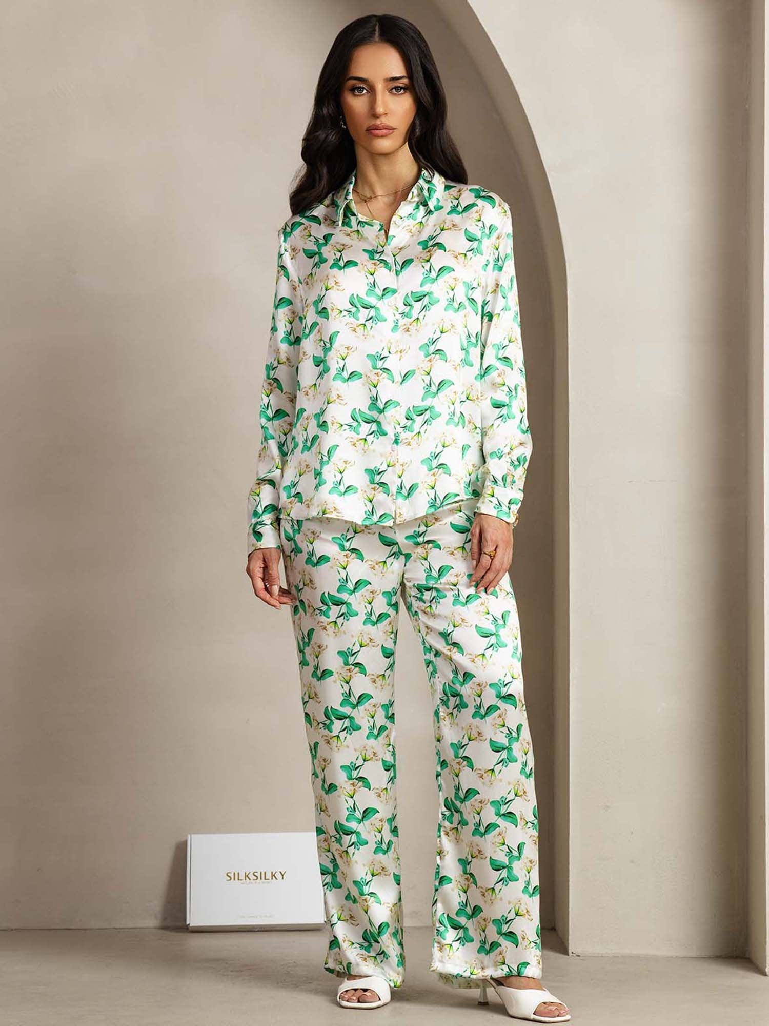 [Groene Bloemen] SilkSilky-NL 19Momme Zijde Kraag Women''s Outfit Sets 001