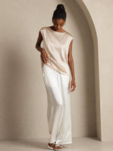 [Beige] SilkSilky-NL Cap Sleeve Round Neck Dames T-Shirt 006