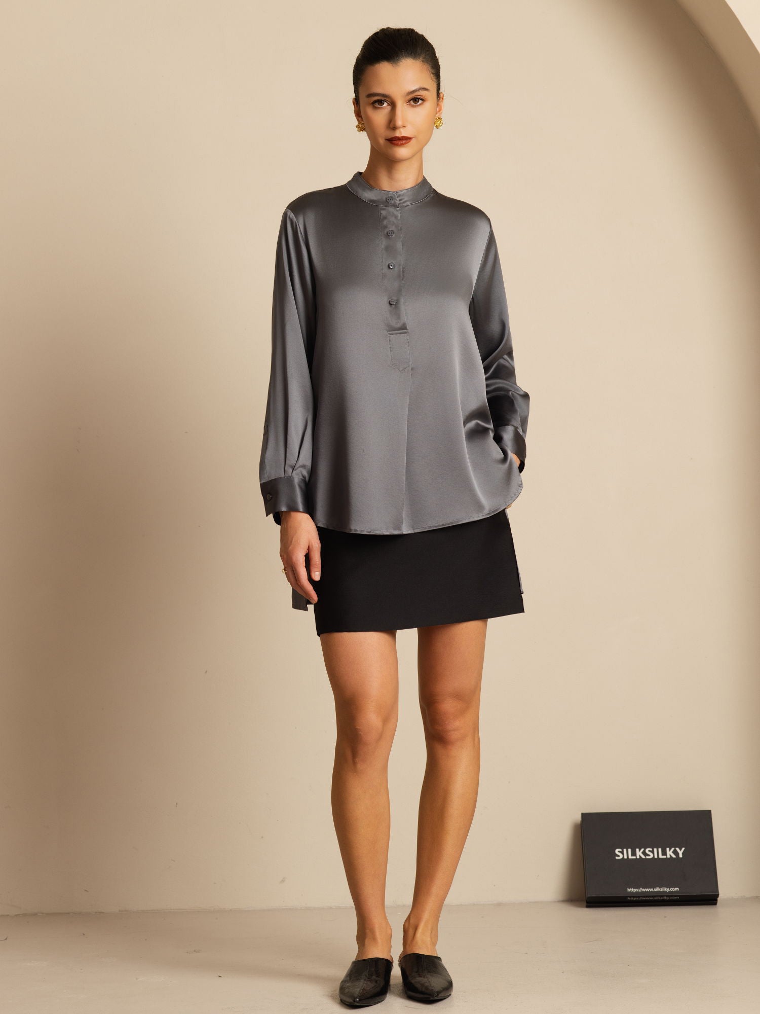 [Donkergrijs] SilkSilky-NL 19Momme Lange Mouw Staande Kraag Blouse 009