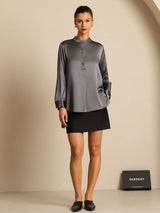 [Donkergrijs] SilkSilky-NL 19Momme Lange Mouw Staande Kraag Blouse 009