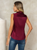 [Donkerrood] SilkSilky-NL Sleeveless Lapel Collar Dames Blouse 002