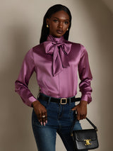 [Donkerpaars] SilkSilky-NL Long Sleeve Tie Neck Blouse 007