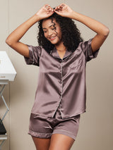 [Koffie] SilkSilky-NL Short Sleeve Lapel Collar Dames Pyjama Set 002