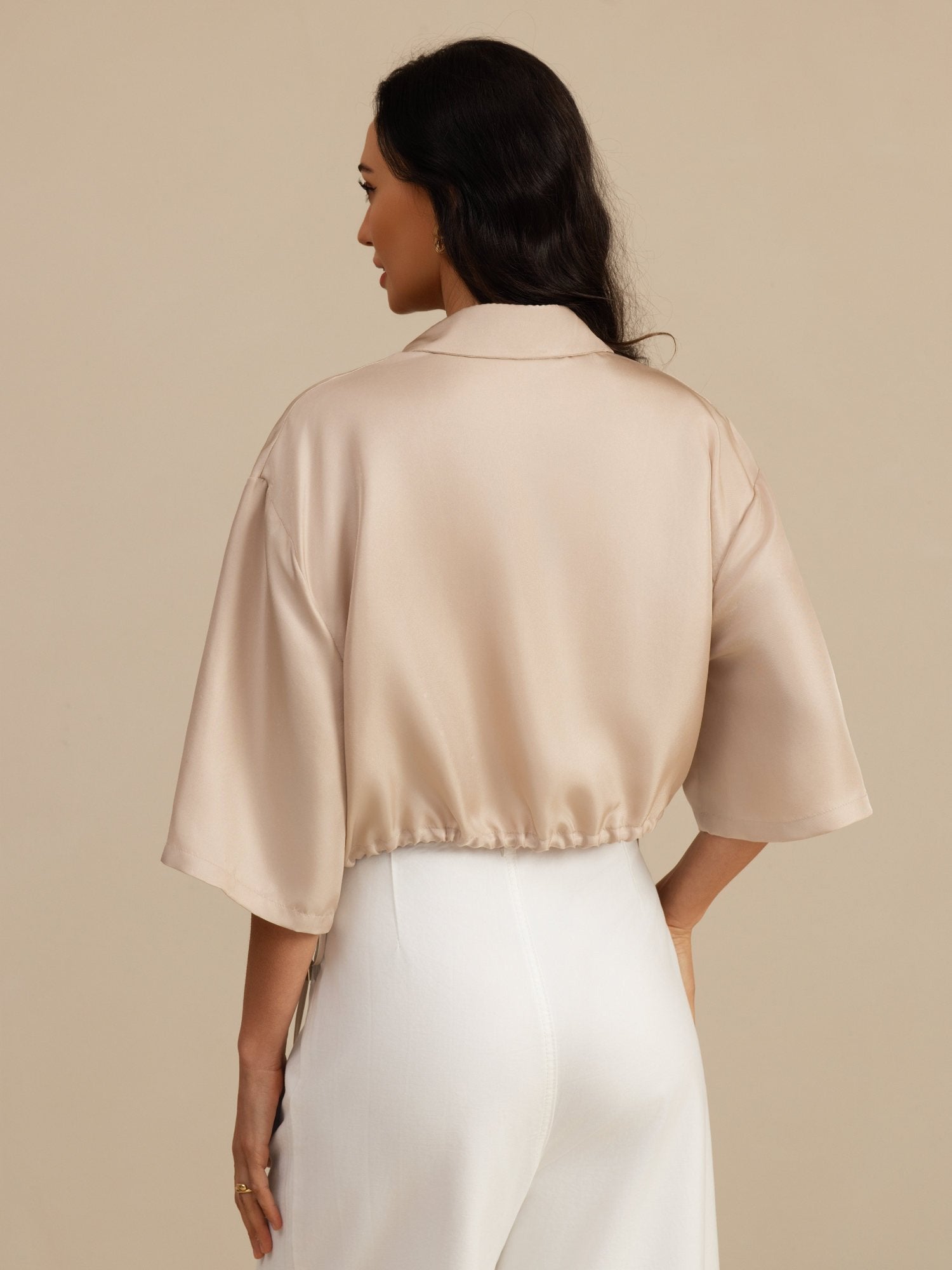 [Tan] SilkSilky-NL 18Momme Halve Mouw Reverskraag Blouse 002