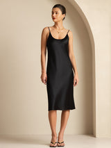 [Zwart] SilkSilky-NL Spaghetti Strap U-hals Jurk 001