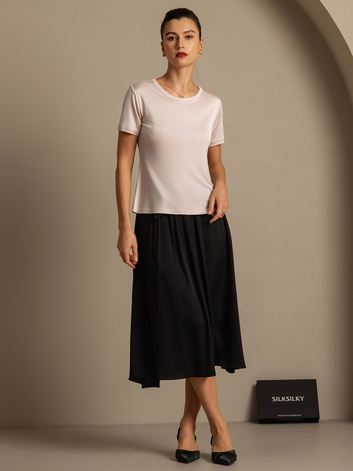 [Lichtroze] SilkSilky-NL Zijde Gebreid Ronde Hals Dames T-Shirt 003,