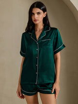 [Donkergroen] SilkSilky-NL Short Sleeve Lapel Collar Dames Pyjama Set 001