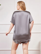 [Grijsachtig Groen] SilkSilky-NL Pure Silk Korte Mouw Ronde Hals Dames Grote maten Pyjama Set 002