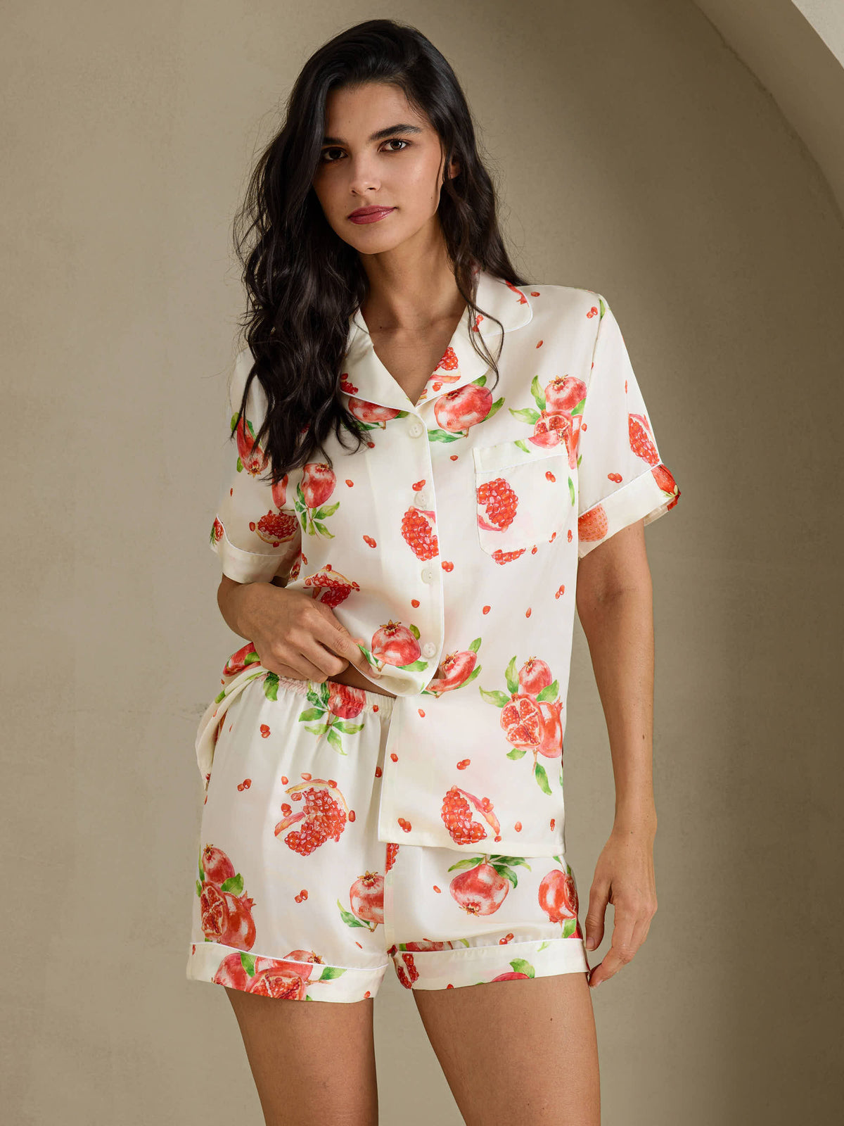 [Witte Granaatappel] SilkSilky-NL Short Sleeve Notch Collar Dames Pyjama Set 001