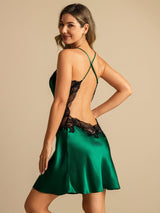 [Donkergroen] SilkSilky-NL Spaghetti Strap V Neck Nachthemd 001