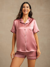 [Bleek Mauve] SilkSilky-NL Short Sleeve Lapel Collar Dames Pyjama Set 001